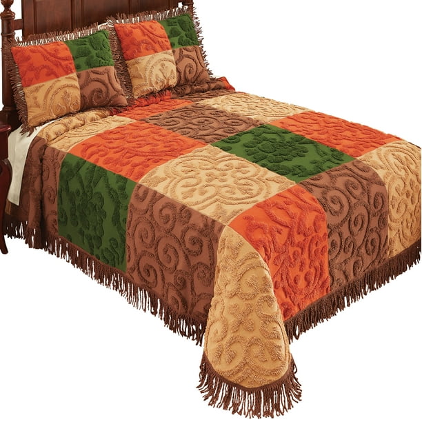 Standard Pillow Sham Chenille Patchwork Scroll Dark Green Tan Brown & Orange Standard Pillow Sham Chenille Patchwork Scroll Dark Green Tan Brown & Orange